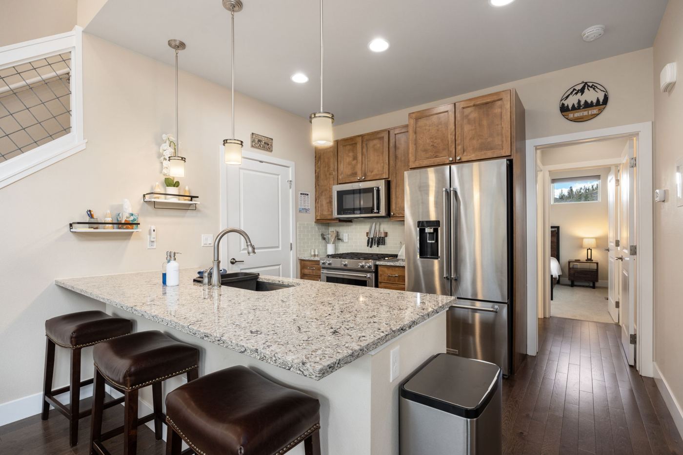 Bright mountain kitchen with granite island